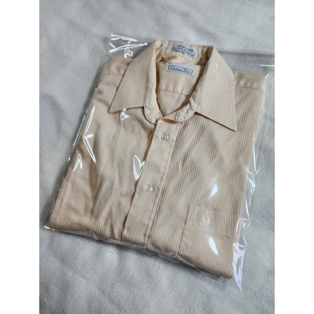 Christian Dior Vintage Short Sleeve Shirt 15 M/L Cream Yellow Pin Stripe Preppy - Picture 5 of 9